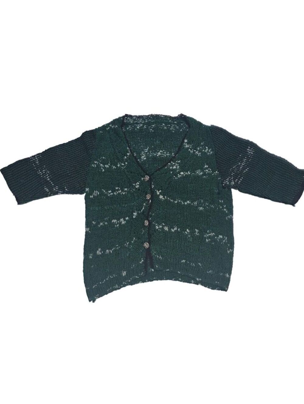 Cottagecore Hand Knit Cardigan Boho Contrast Crochet Trim Filigree Buttons Med